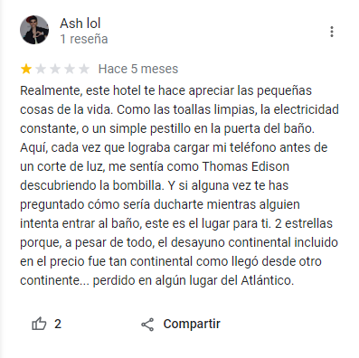 reseña graciosa en un hotel