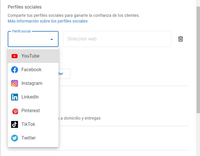 añadir redes sociales a google business profile (Youtube, Faceboo, Instagram, Tiktok, Linkedin, Pinterest y twitter)